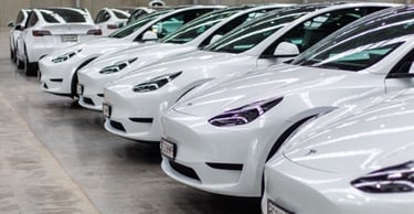 Row of white Tesla Model Y cars parked indoors