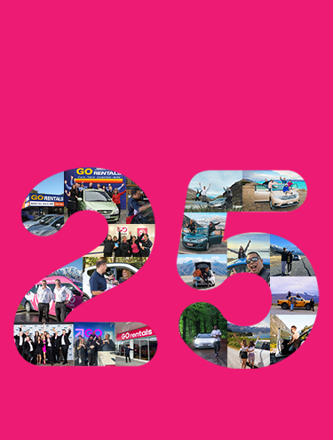 A number 25 featuring a collage of GO Rentals staff and customer images over a bright pink background