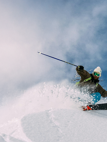 A skier carves through fresh powder on a snowy mountain slope, surrounded by snow-covered trees under a clear blue sky.