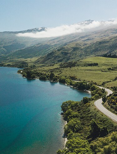 New Zealand landscape showing the sea, a coastal road and mountains.