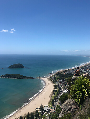 An upper view of the coast. Showing the beach, houses, and treen. The ocean and some island in the background.