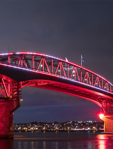 Image of the Auckland Harbour Bridge with pink and red lights at night, with the Auckland cityscape in the background