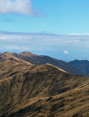 Panoramic view of golden mountain ridges under a blue sky with the ocean in the distance