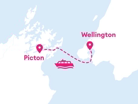 Map showing a ferry route between Wellington and Picton