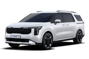 Front and side image of a white Kia Carnival Hybrid people carrier on a white background