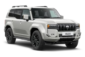 Front image of a Toyota Land Cruiser Prado Hybrid 4x4 rental car on a white background