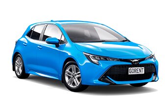 Front image of an electric blue Toyota Corolla hatchback rental car on a white background