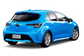 Rear image of an electric blue Toyota Corolla hatchback rental car on a white background