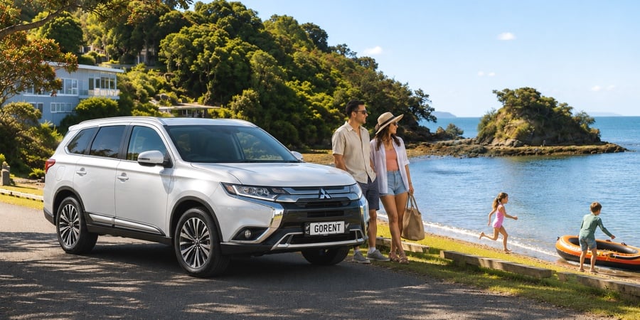 White Mitsubishi Outlander parked by a beach with a family walking towards the water