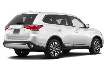 Rear three-quarter image of a white Mitsubishi Outlander on a white background
