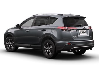 Rear and side image of a Toyota Rav4 rental car on a white background