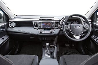 Interior image of the front of a Toyota Rav4 showing the dashboard and entertainment system