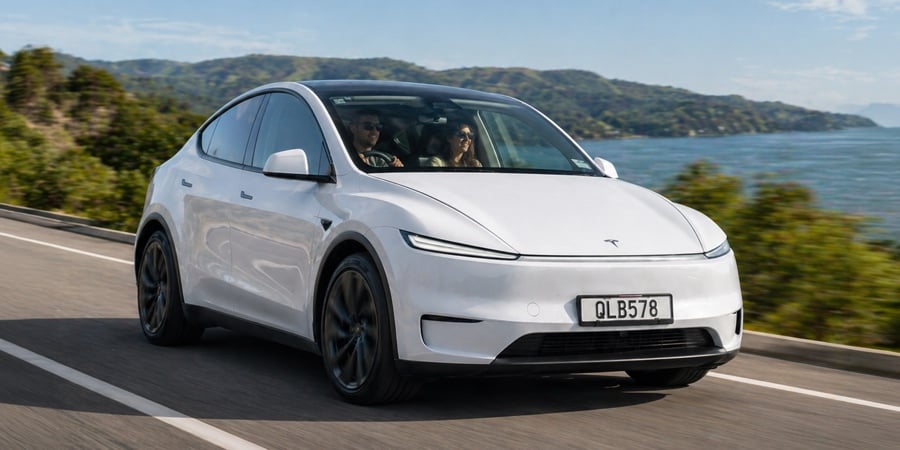 White Tesla Model Y Long Range driving along a coastal road with passengers inside