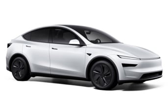 White Tesla Model Y Long Range on a studio background, front three-quarter view