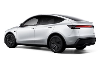 Rear three-quarter view of a white Tesla Model Y Long Range on a studio background