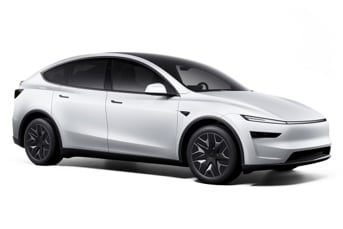 White Tesla Model Y L side view on clean studio background