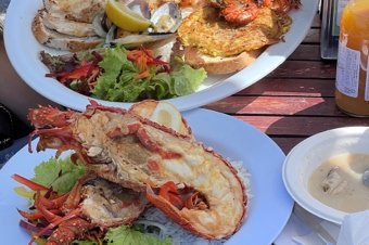 Plates of fresh seafood with salad and soup served at an outdoor restaurant