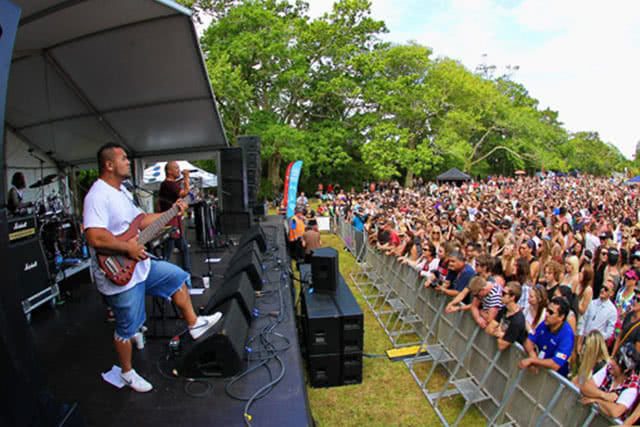 Image of an artist performing on stage at one of New Zealand's many Music in Parks events