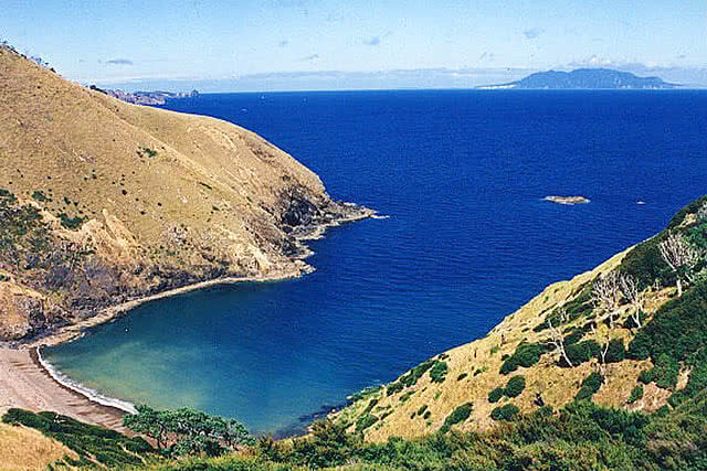 Image looking down onto one of the bays on Great Barrier Island, New Zealand