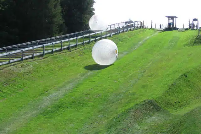 an inflatable ball called a zorb rolling down a hill with someone inside