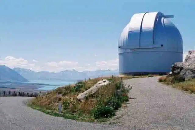 Image of the observatory on Mt John in Canterbury, New Zealand with views looking out towards Lake Tekapo