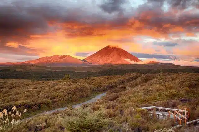 Sunset in the Tongariro National Park with Mt.Ngauruhoe in the background