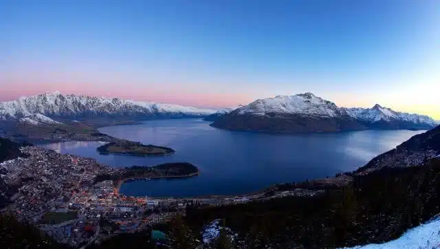 View back down over Queenstown and Lake Wakitipu from the top of the Skyline Gondola