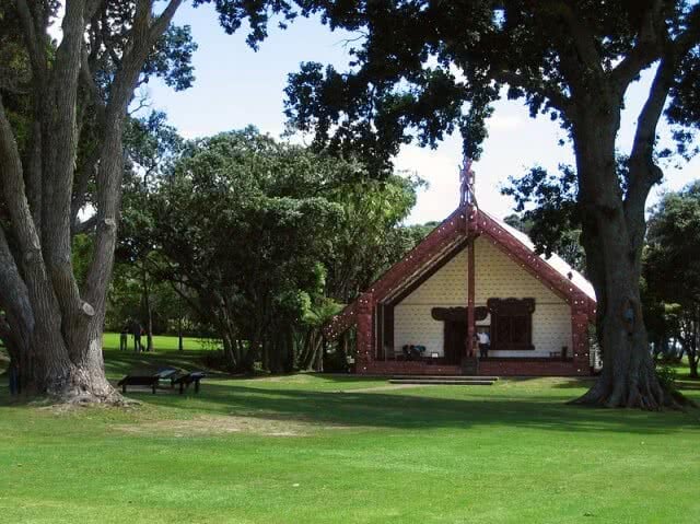 Image of the Waitangi Treaty Grounds where the signing of the Waitangi Treaty took place