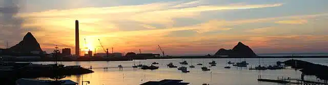 Panoramic image of New Plymouth Harbour at sunset