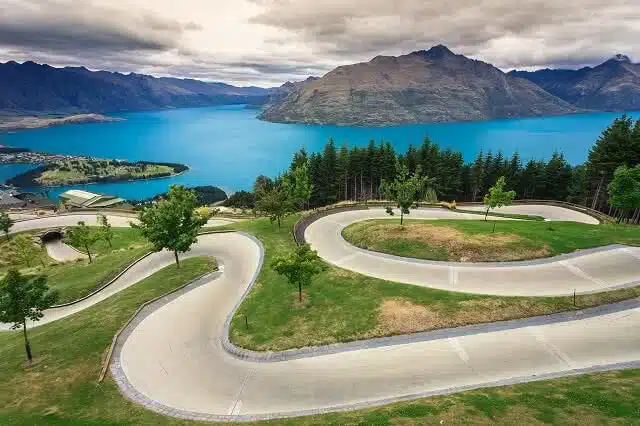 Image of the Skyline Luge track in Queenstown with Lake Wakitipu in the backdrop