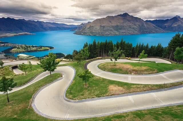 Image of the Skyline Luge track in Queenstown with Lake Wakitipu in the backdrop