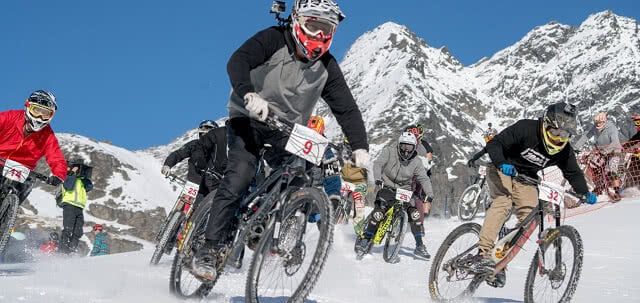 Macpac Mountain Bikes on Snow at the Queenstown Winter Festival. Photo credit: Queenstown Winter Festival