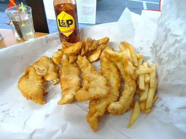 Fish and Chips at Cooper's Catch in Kaikoura washed down with L&P