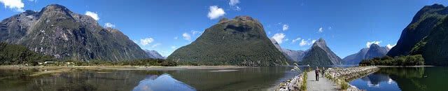 Panoramic shot of Milford Sound and Mitre Peak