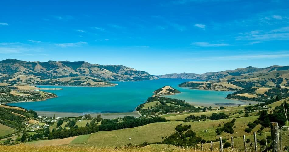 Beautiful summer day view into the Akaroa Harbour