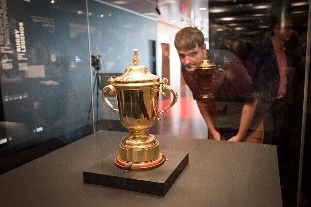 Rugby Legends: The Spirit of the Black Jersey display includes the Rugby World Cup trophy Image credit: Te Papa (c)