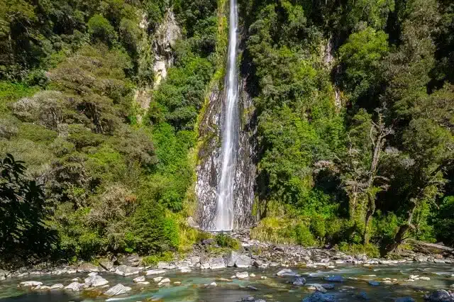 Thunder Creek Falls are located along the Haast Pass