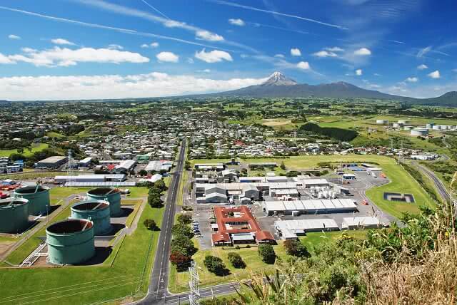 Aerial shot of New Plymouth with Mt Taranaki in the distance