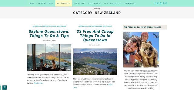 Destinationless Travel blog screenshot