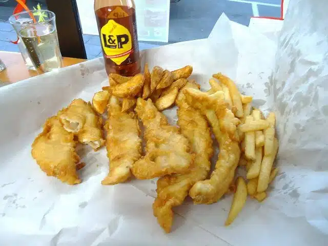 Fish and chips wrapped in paper