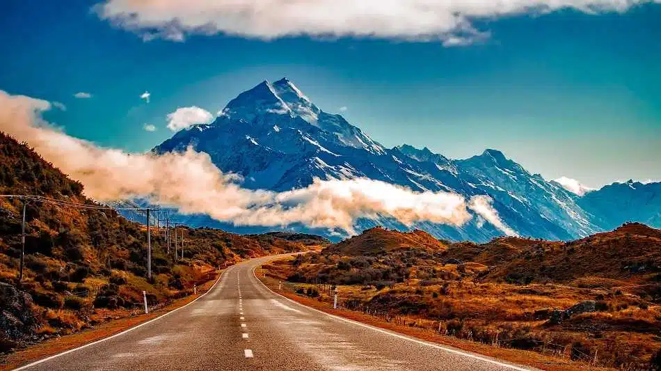 New Zealand Road with Mountain in background