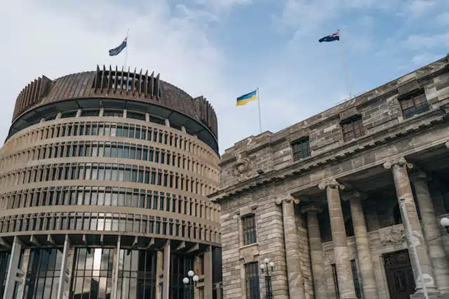 New Zealand's parliament building, named the Beehive, in the capital city of Wellington 
