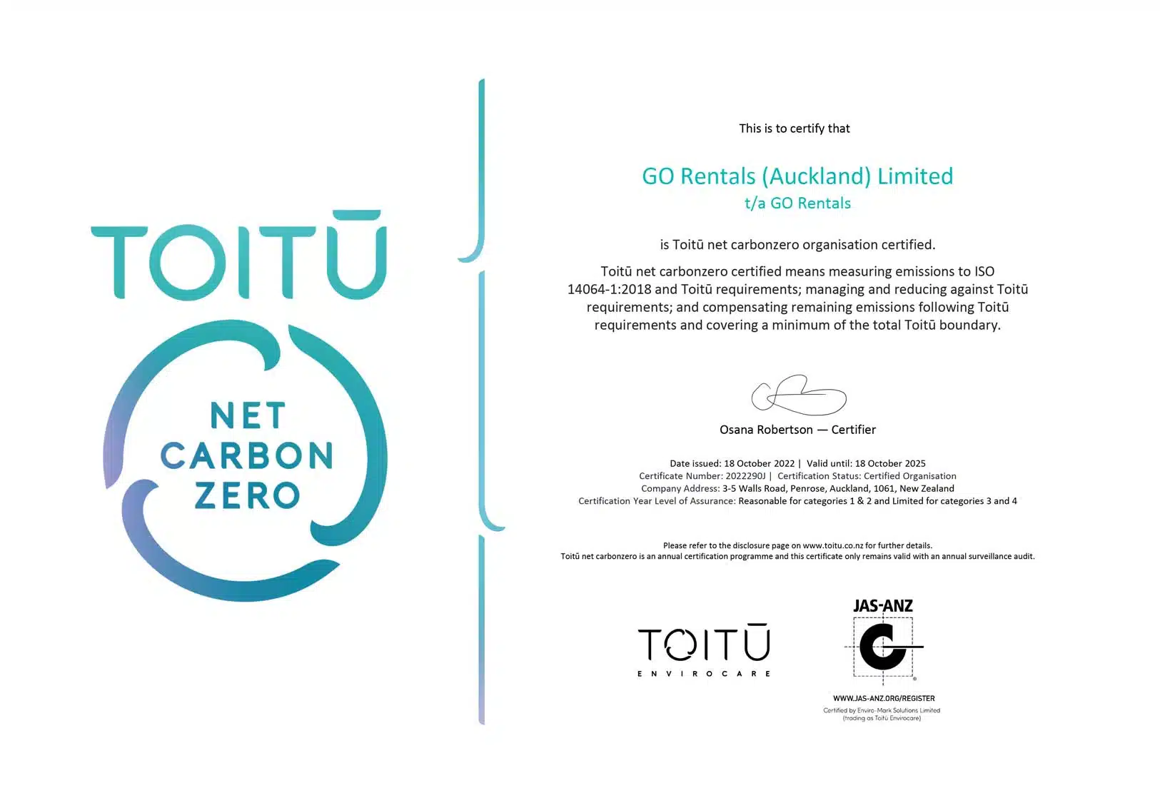 GO Rental's Toitu net carbonzero certificate