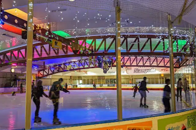 people ice skating on the colourfully lit indoor ice rink