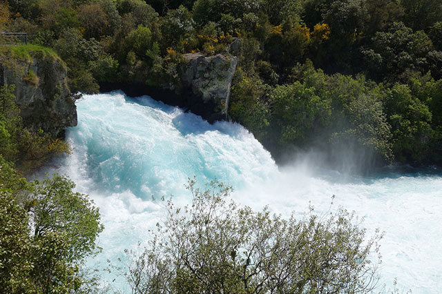 The bright blue water rushing down the water fall surrounded by forest