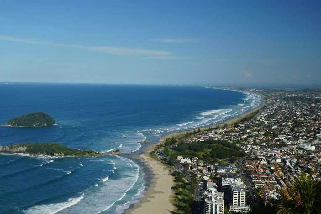 city and ocean view from top of mt maunganui in tauranga