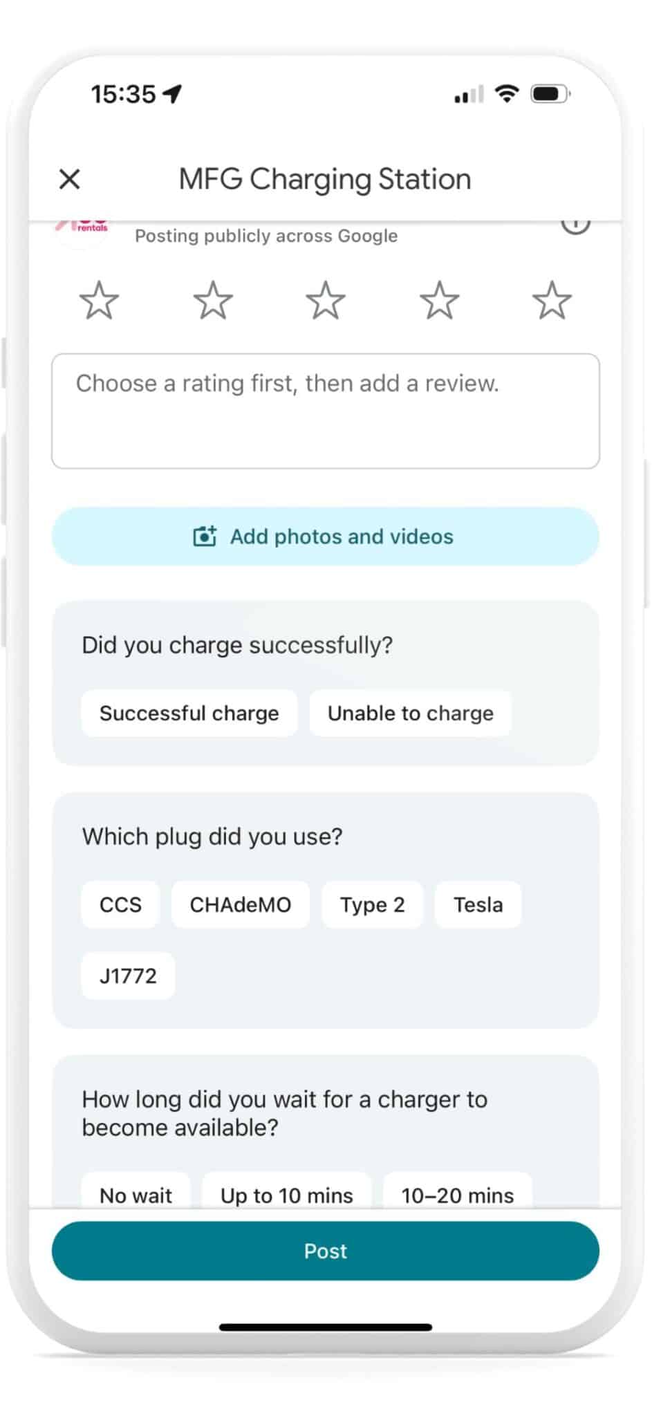Google Maps EV Charging Stations Add a post